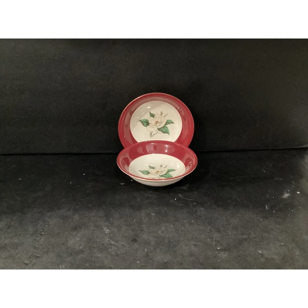 Lifetime China Co Burgundy w White Magnolia Semi-Vitrous 2 Dessert Berry Bowls